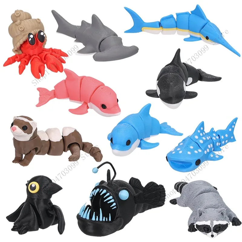 3D Printed Animal Figurine Movable Joint Moldel Cute Shark Dolphin Hermit Crab Ferret Raccoon Angler Fish Home Decor Gift