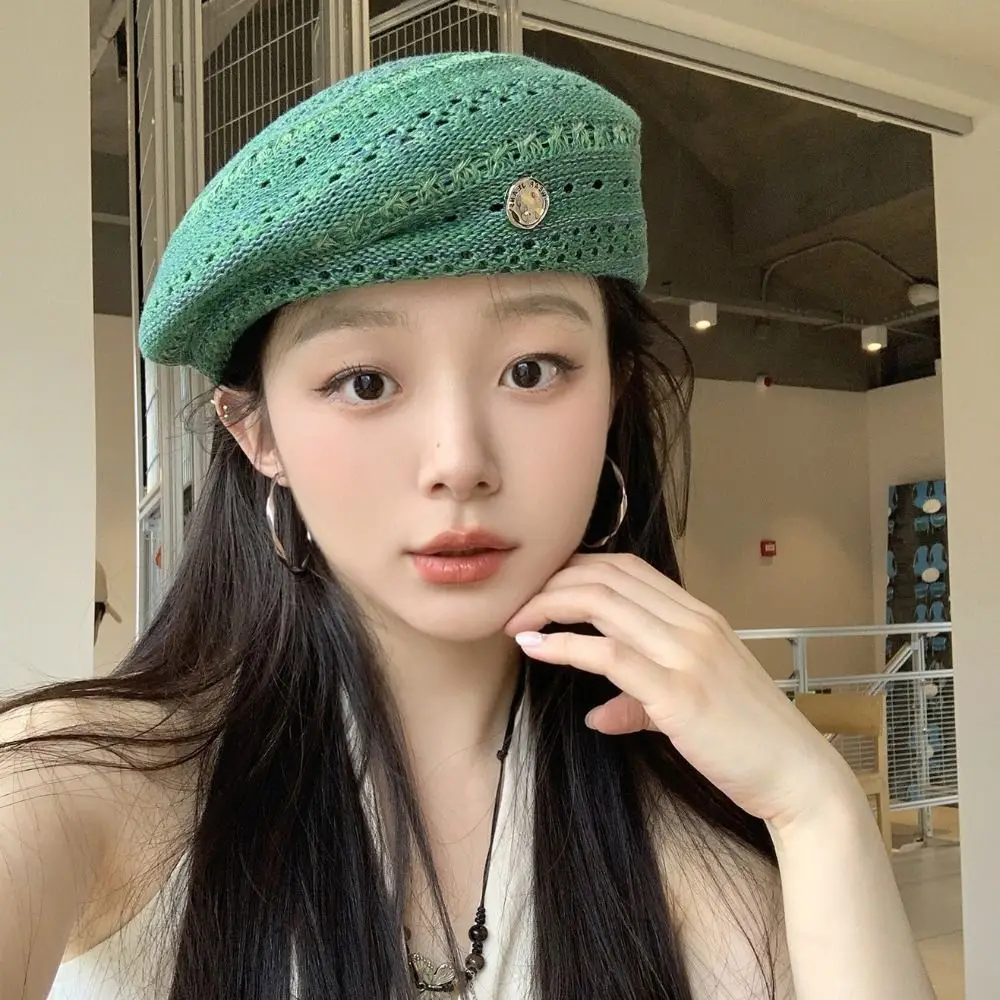 

Japanese Style Hollowed Out Beret Hat Fashionable Vintage Weave Painter Hat Fresh Color Thin Crochet Knitted Cap Women/Girls