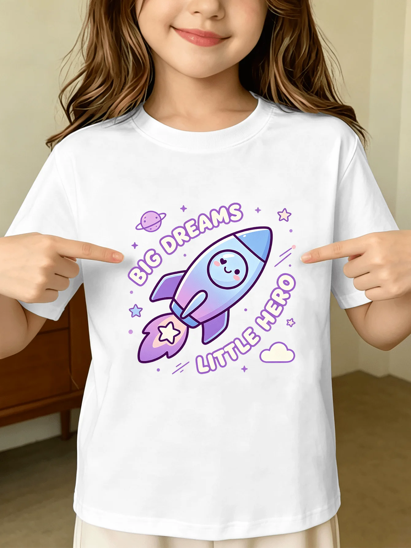 Family Matching T Shirts Kawaii Cartoon Space Rocket Big Dreams Little Hero Letter Print Short Sleeve Cotton Kids Casual Tees
