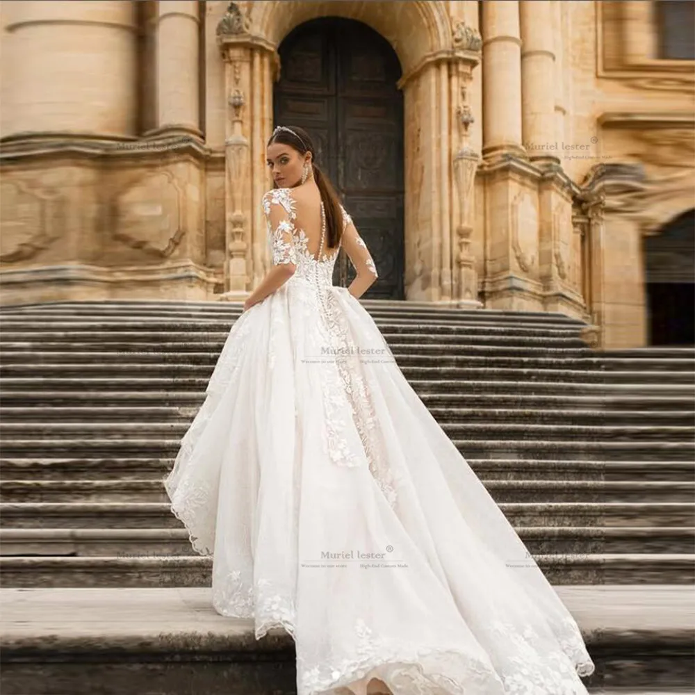 Requintado decote em v uma linha vestido de casamento personalizado festa formal 1/2 mangas apliques rendas em camadas vestidos de noiva novia