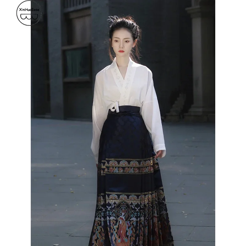 

WATER Horse Face Skirt Modern Hanfu Women Chinese Traditional Clothes Mamian Daily Wear Suit Black Blouse Female Costumes