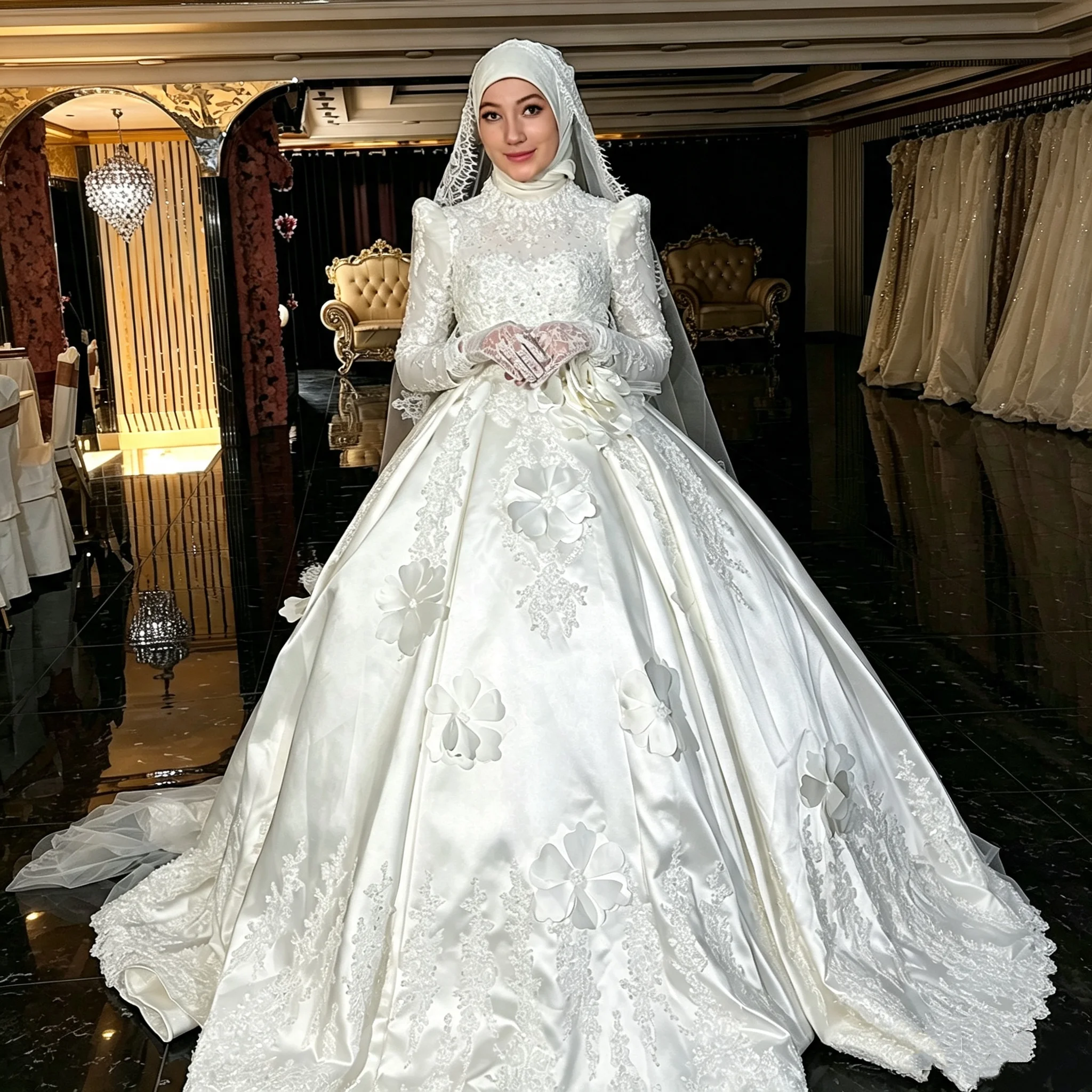 Vestido de Noiva Muçulmano Personalizado de Cetim com Gola Alta e Manga Longa, Decalque de Flor 3D, Vestido de Baile, Vestido de Noiva Islâmica Conservadora