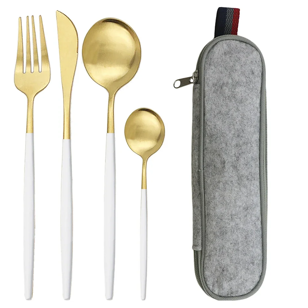 5pcs/set Dinnerware Set Black Gold Travel Camping Cutlery Set Reusable Silverware with Metal Knife Spoon Fork and Portable Case