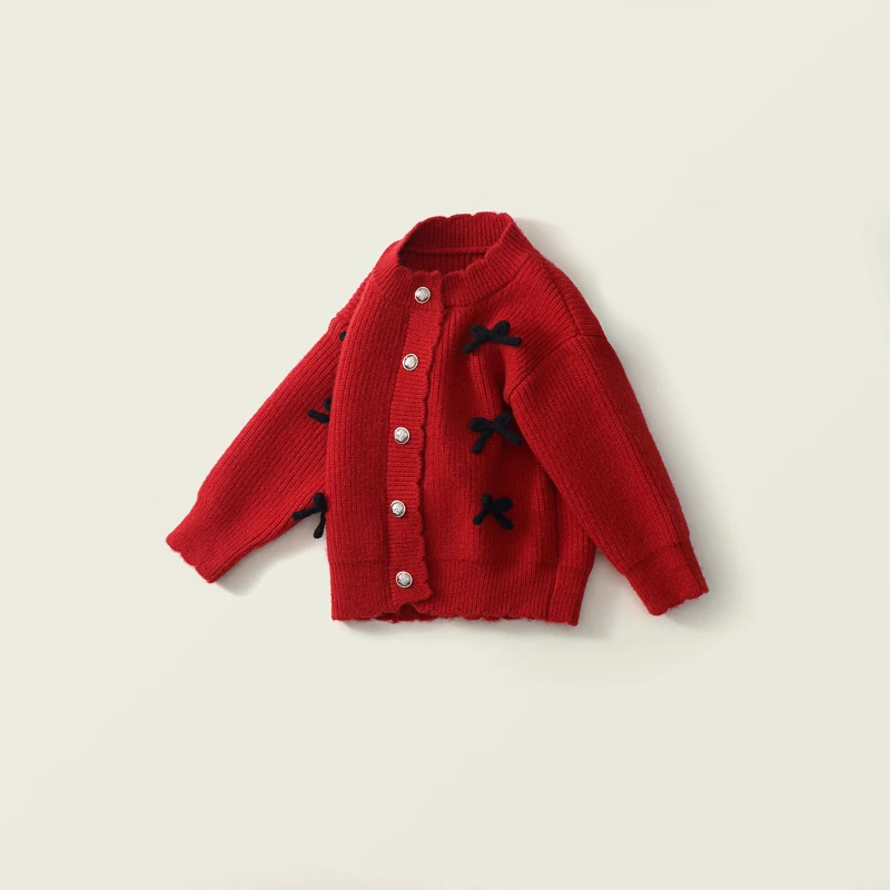 Girls' Red Knit Cardigan Autumn and Winter New Korean Version Bow Long Sleeve Sweater for Children 2-8y