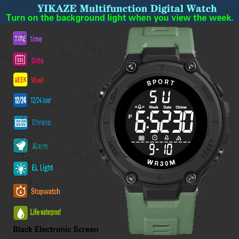 YIKAZE Men\'s Sports Watch Multifunction LED Digital Watch 30M Waterproof Outdoor Sport Electronic Watches Student Military Clock