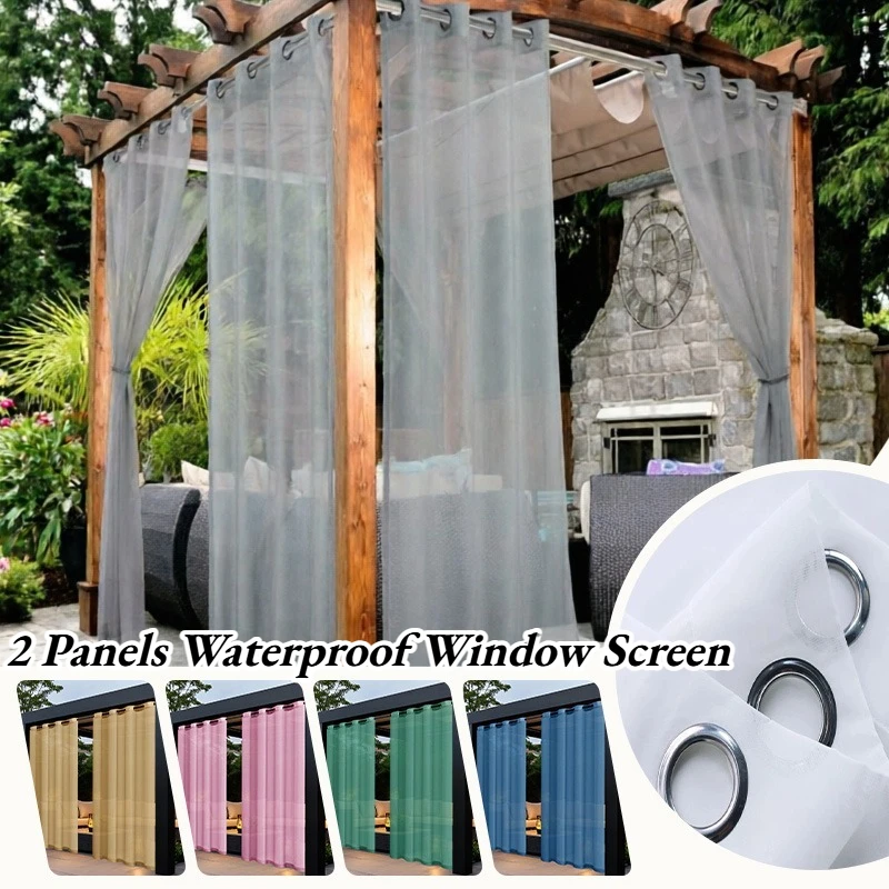 2 Panels Perforated Solid Color Terylene Waterproof Window Screen Outdoor Balcony Pavilion Shading and Rainproof Curtains