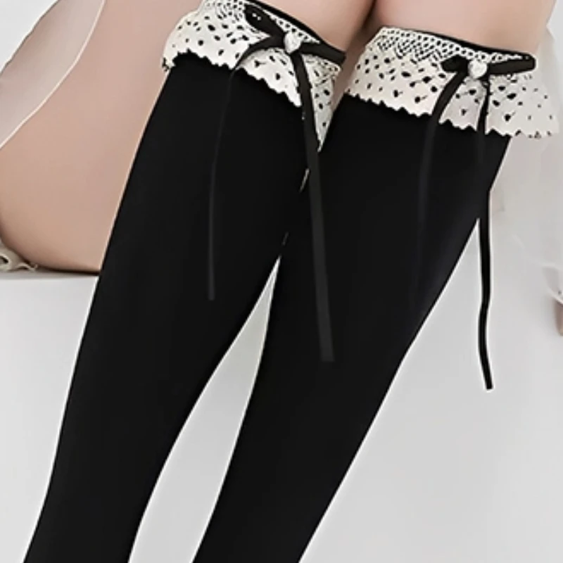 

Lace Pearl Bow Maid White Over The Knee Socks High Cute Long Stockings