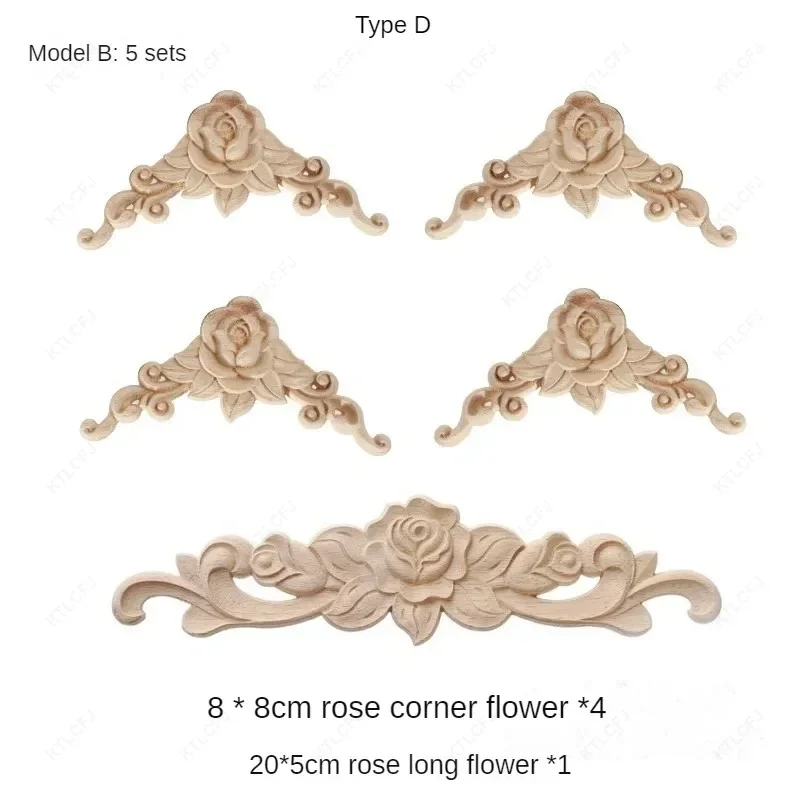 European Decoration Retro Natural Wood Applique Onlay Decal Rubber  Floral Large Rose Crown Leaves Vintage Home Decor