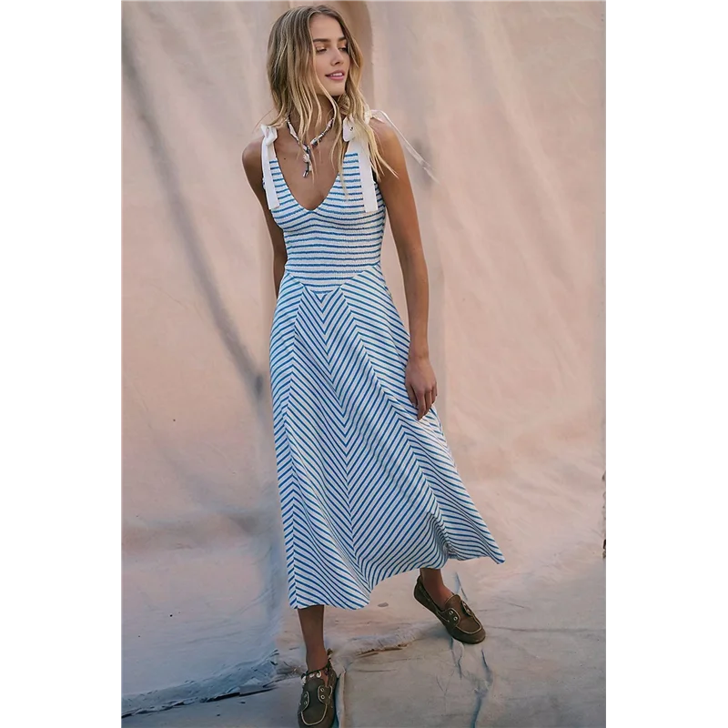 A83F-Donna Casual Estate Smocked Scollo a V Spiaggia a righe Senza maniche Vestito estivo Abito lungo fluido con tasche