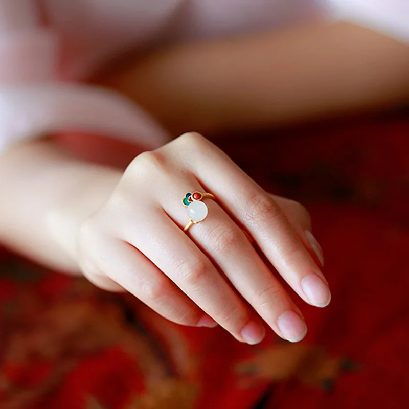 LIVVY Chinese Style Spherical Natural Stone Color Drop Glaze Adjustable Ring Women Simple Creative Design Jewelry Gifts
