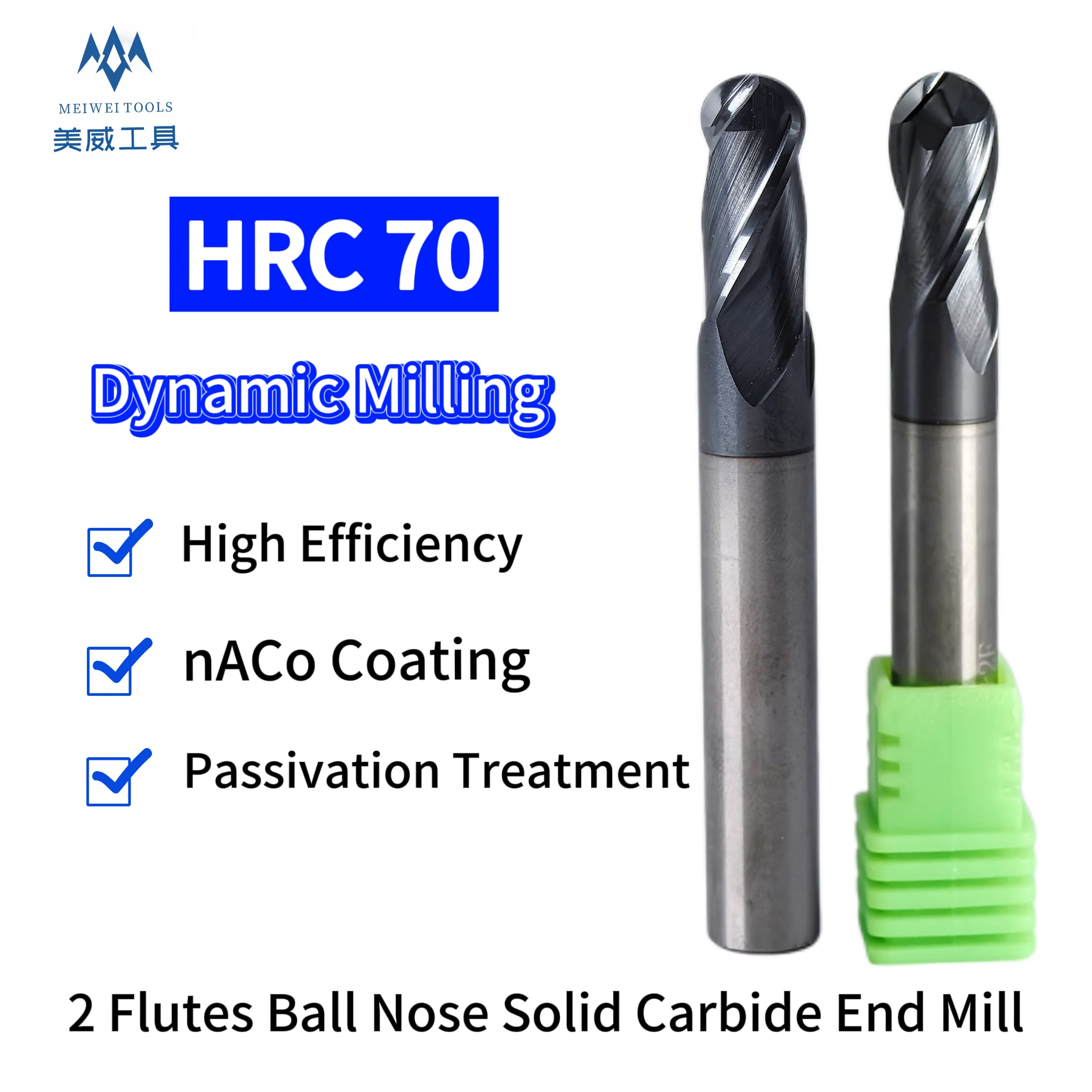 

2 Flutes HRC 70 Ball Nose End Mill for Dynamic Milling Solid Carbide Cutting Tools CNC Machine Centre Metal Cutter Router Bit