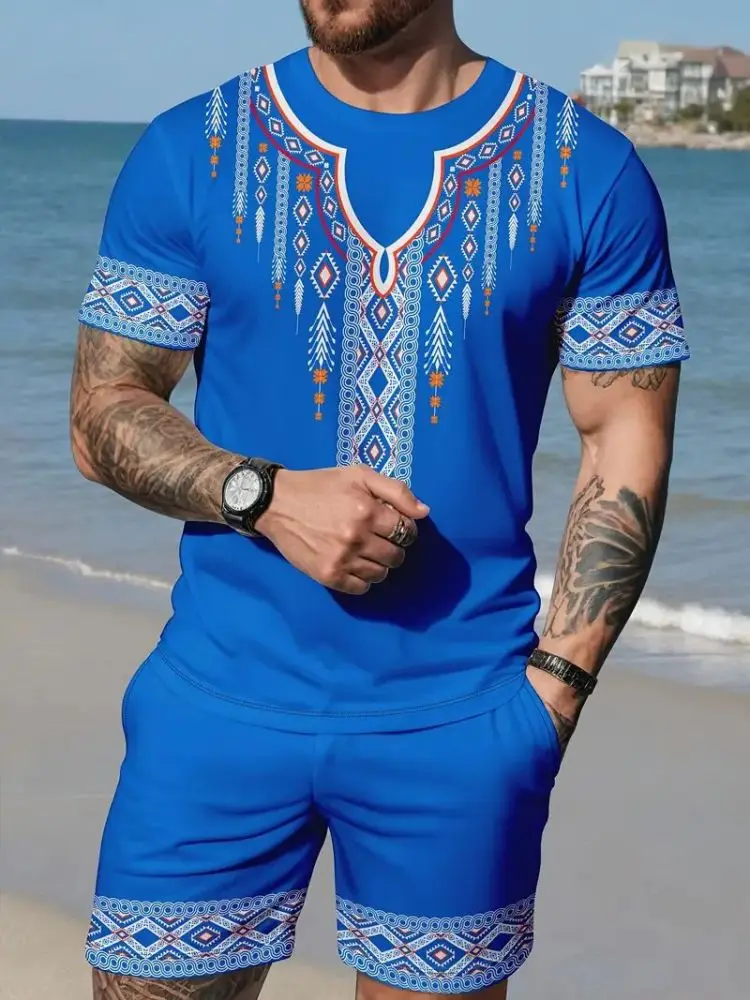 2024 Beach Men\'s Vacation Set with Ethnic Style Pattern 3D Printed T-shirt; Summer shorts set