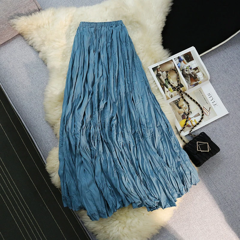 

Vintage Jupe Femme Pleated Women's Long Skirts Summer Solid Elastic High Waist Office A-Line Skirts Female y2k clothes