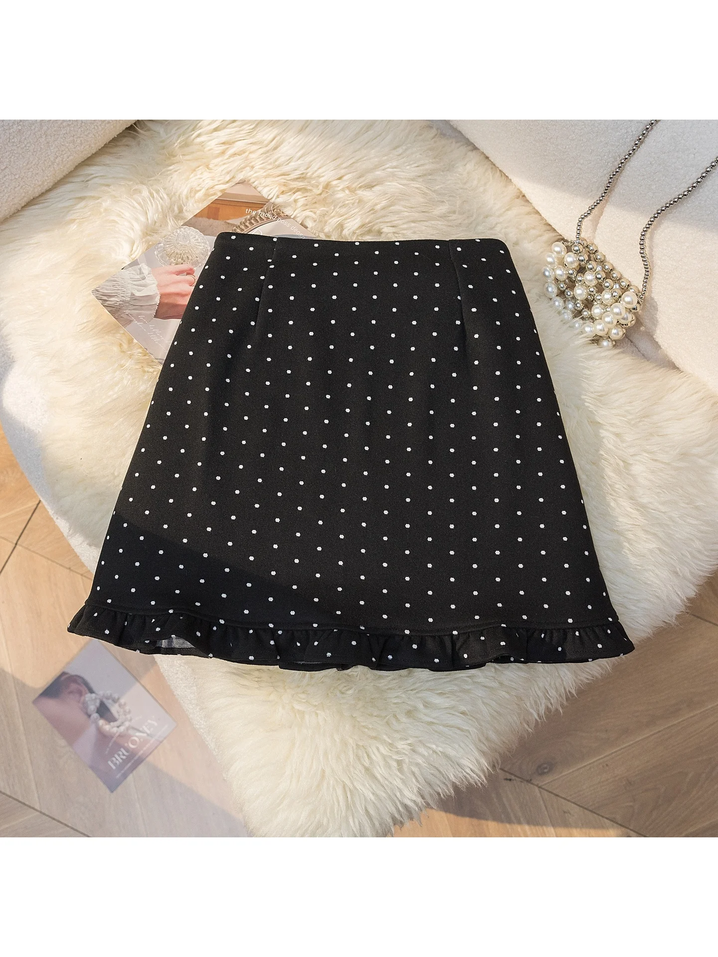 High Waist A-Line  Skirt Women's Plaid Polka Dot Wool Blend Short Skirt Spring Autumn Seasonal Wood Grain  Design
