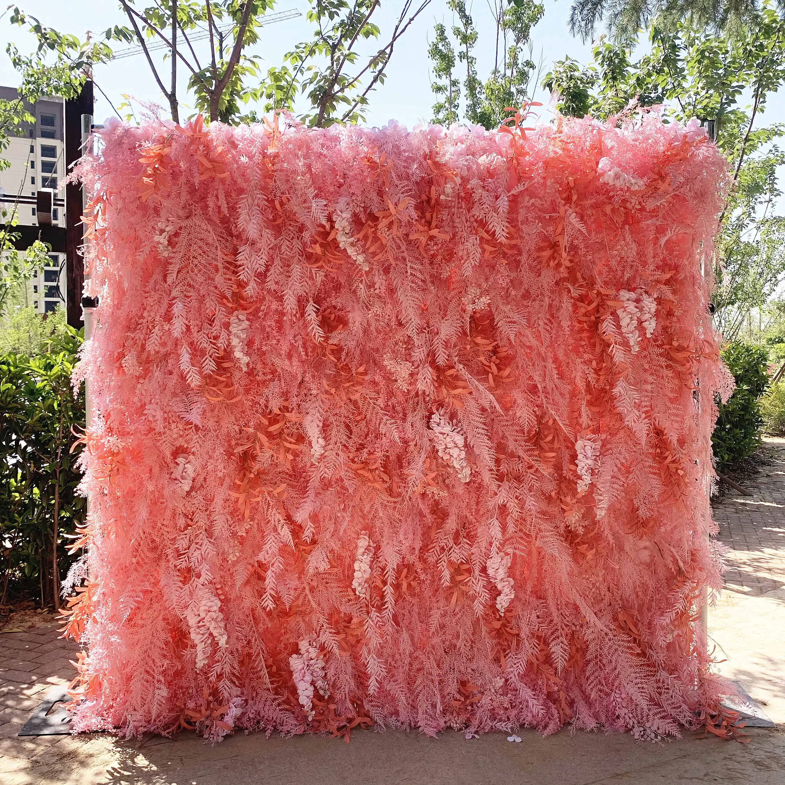 

Uflower 5D Light pink Artificial Flower Wall Roll-Up Wedding Curtain Backdrop Decorative Floral Wall Roll for Events