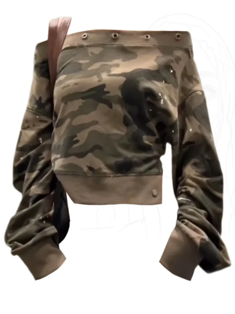 HOUZHOU Camouflage Sweatshirts Women Vintage Sexy Off Shoulder Y2k Crop Tops American Retro Hip Hop 2000s Streetwear Sweatshirts
