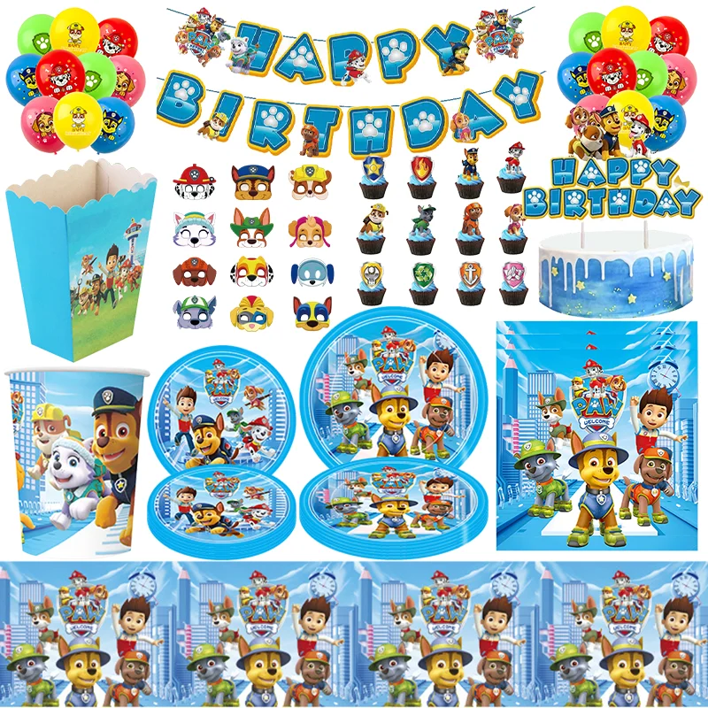 Décorations de fête d'anniversaire sur le thème de la Pat' Patrouille, cadeaux pour fournitures de fête, vaisselle en papier, assiettes, gobelets, bannière, toile de fond, ensemble de ballons