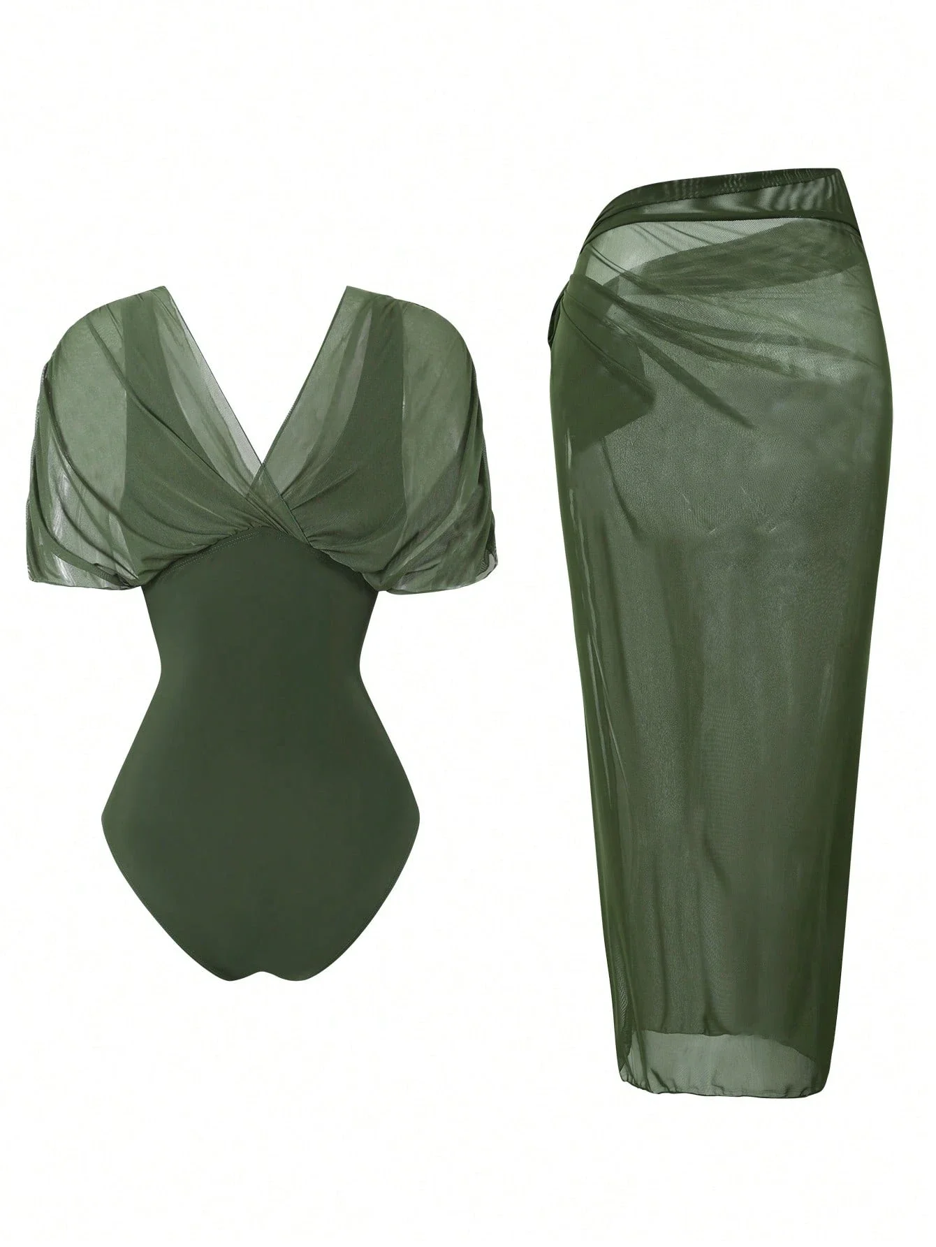 

Женский комплект из двух предметов: цельный купальник и пляжная юбка макси из сетки для отдыха на курорте