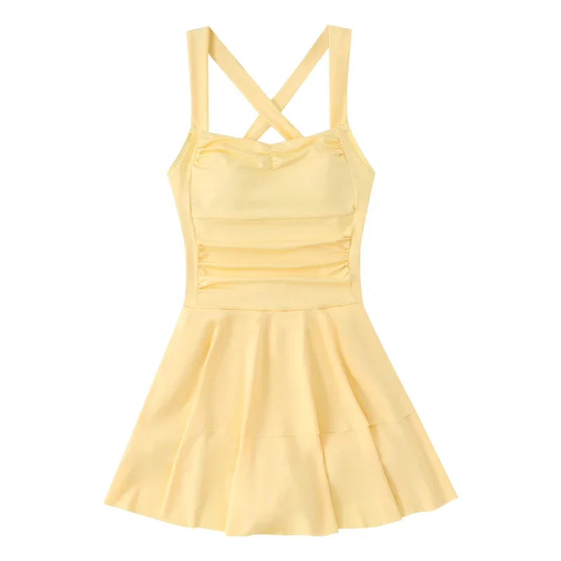 Summer New Solid Color One-piece Pool Suspender Swimsuit Women Sweet High Waist Comfortable Beach Vacation Swimwear