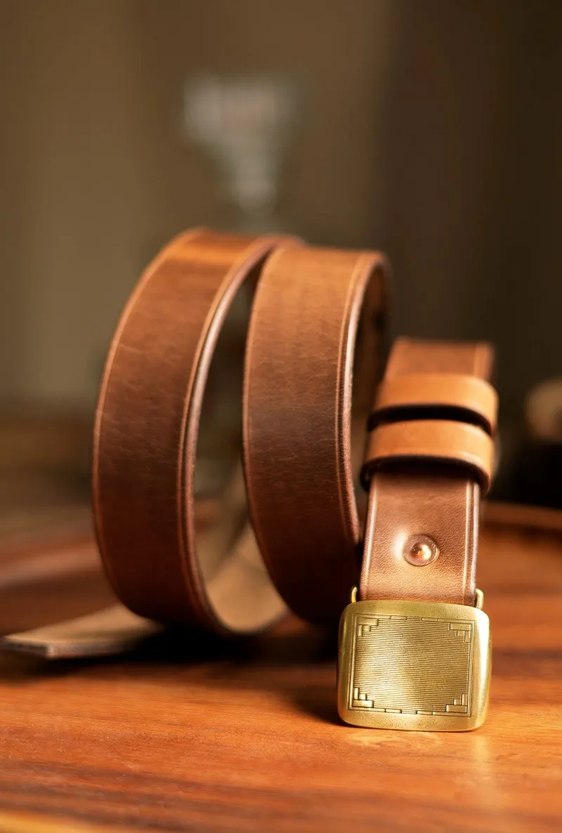 Horween Genuine Leather Belt Unisex Solid Brass Hinge Buckle Handmade Vintage Gentleman Casual Waist Belt