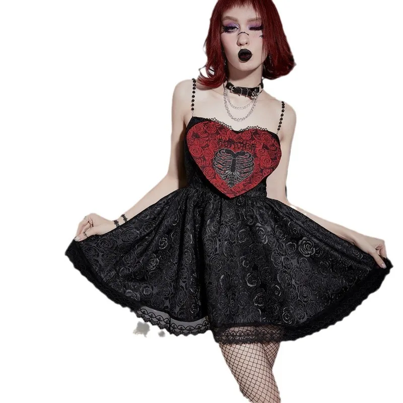 Women Dark Lolita Gothic Cosplay Slim Spice Girl Halter Short Dress Outfits Detachable Heart Dress Female Role Play Costume