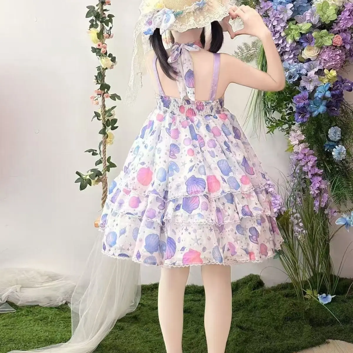 SOIOMES Concha subaquática rosa roxo três camadas bolo saia lolita cinta saia estudante jsk vestido