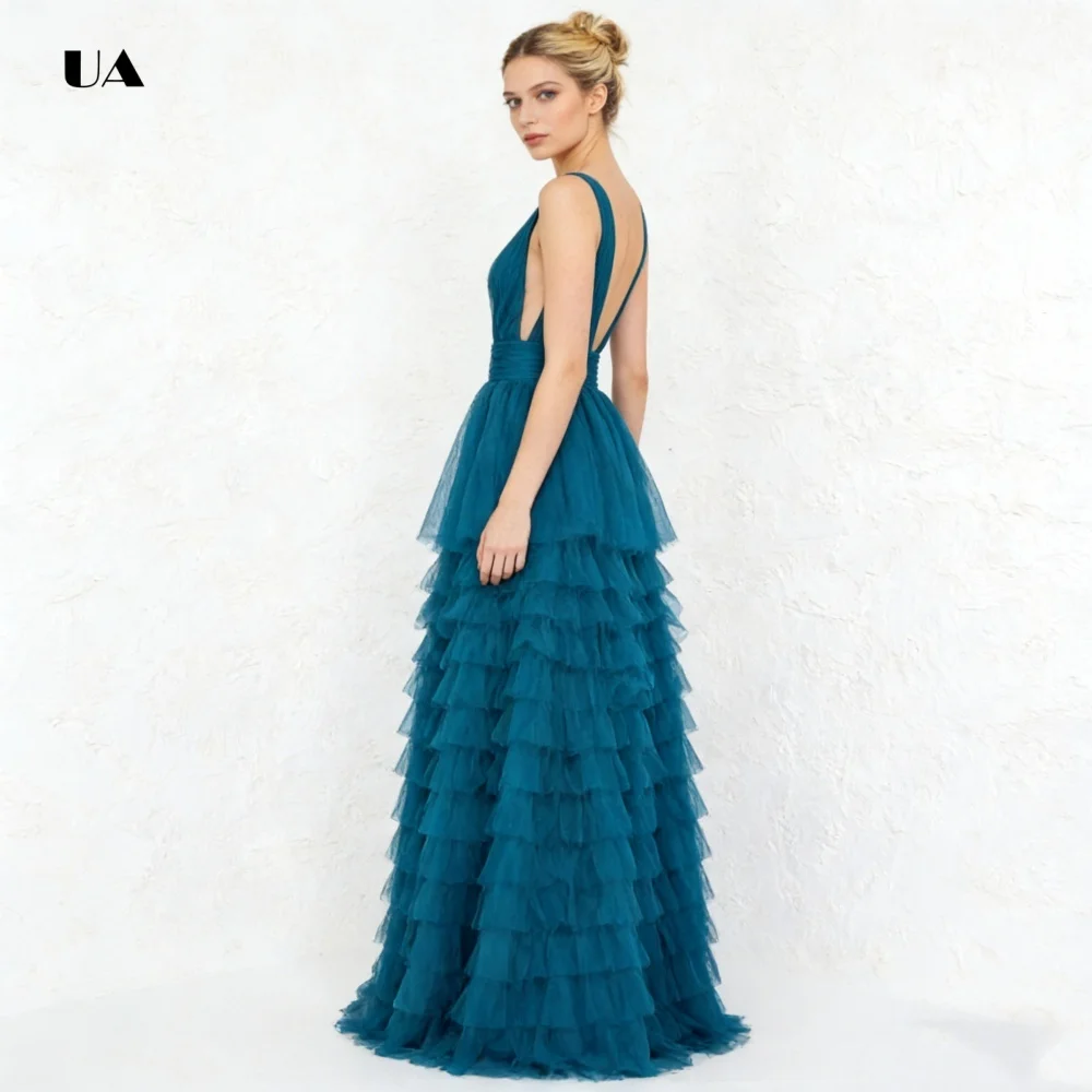 فستان حفلة موسيقية بسيط مكشكش بطبقات مع رقبة على شكل حرف V عميقة، فساتين سهرة شبكية صلبة للنساء، فستان حفلات كلاسيكي مخصص