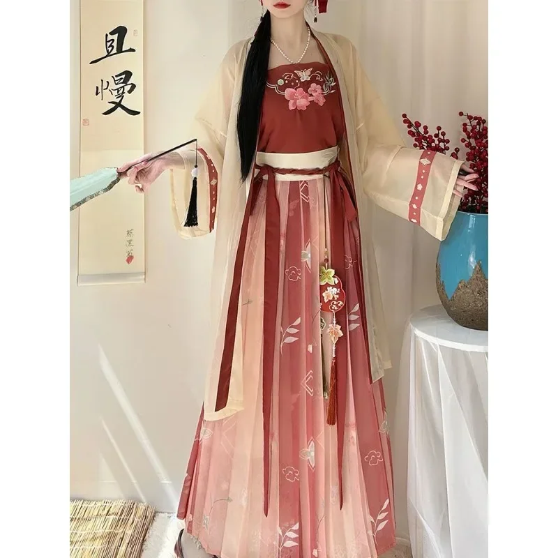 Song Dynasty Red Lingxiao Flower Embroidered Hanfu Dress Suit Robe Sling Skirt Female Chinese Style Masquerade Role Play Costume