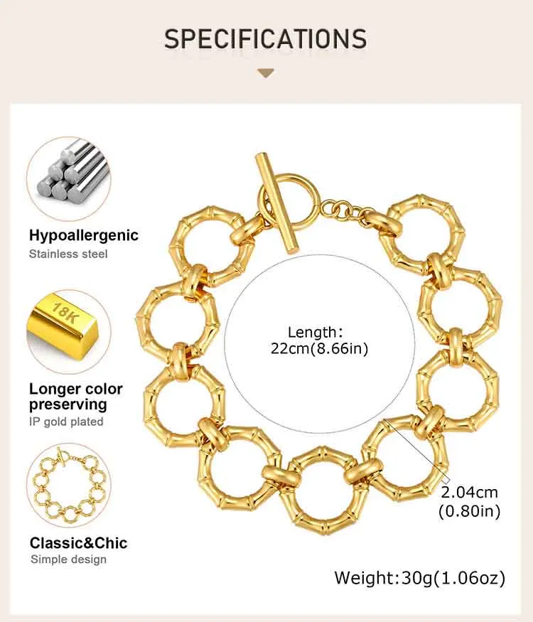 18K Vergoldetes Bambus-Gliederarmband für Damen, Chunky Kreiskettenarmband mit Knebelverschluss, Edelstahl Statement-Schmuck Geschenk – Detail 1