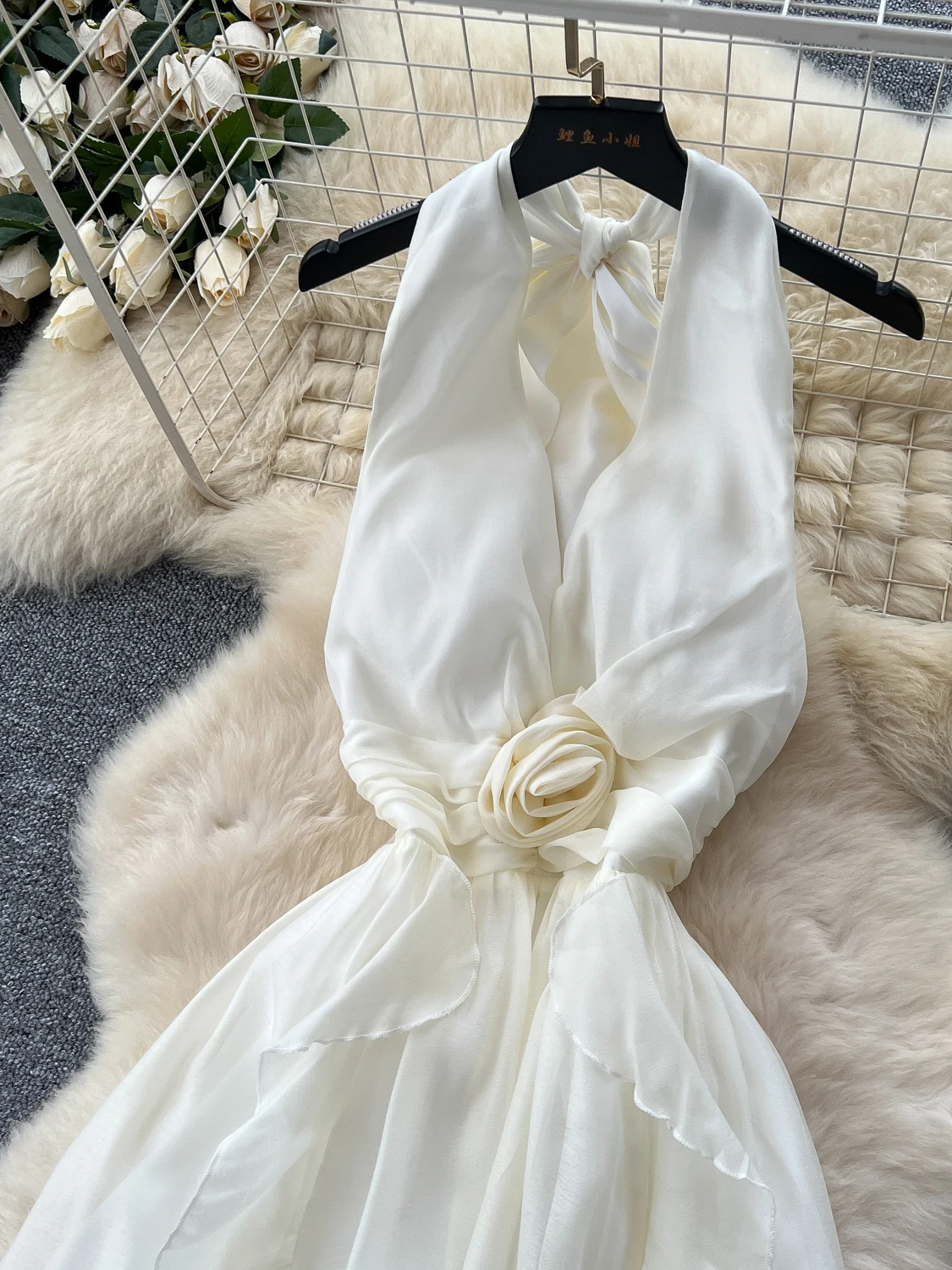 Beach Slip Dress Flower Ruffle Halter Fairy Party Dresses Women Summer Sleevelss Backless Long Robe Femmes Fashion Holiday Dress