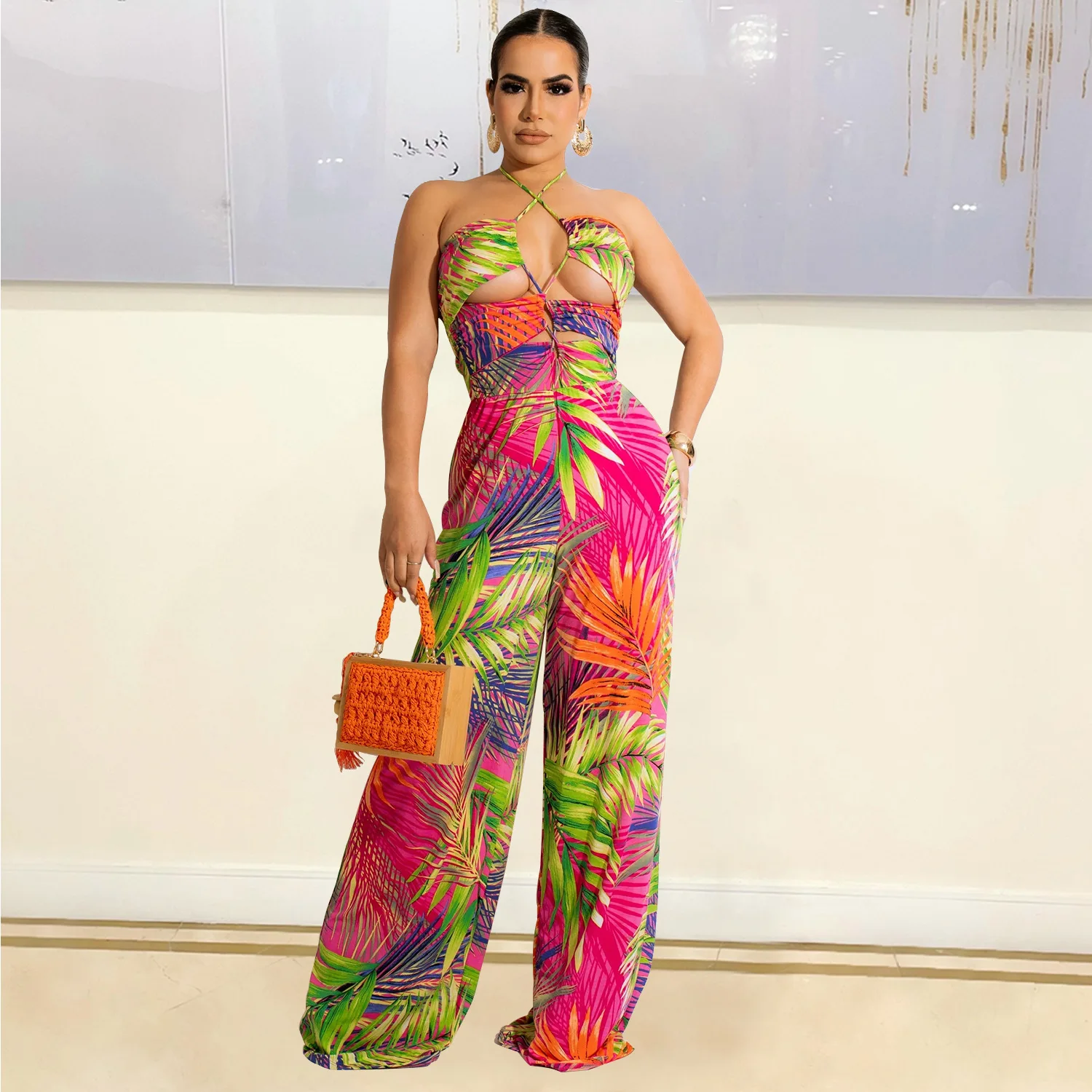 

Women Floral Print Bandage Jumpsuits Sexy One Piece Casual Elegant Flare Wid Leg Pants Fashion Summer Clothing