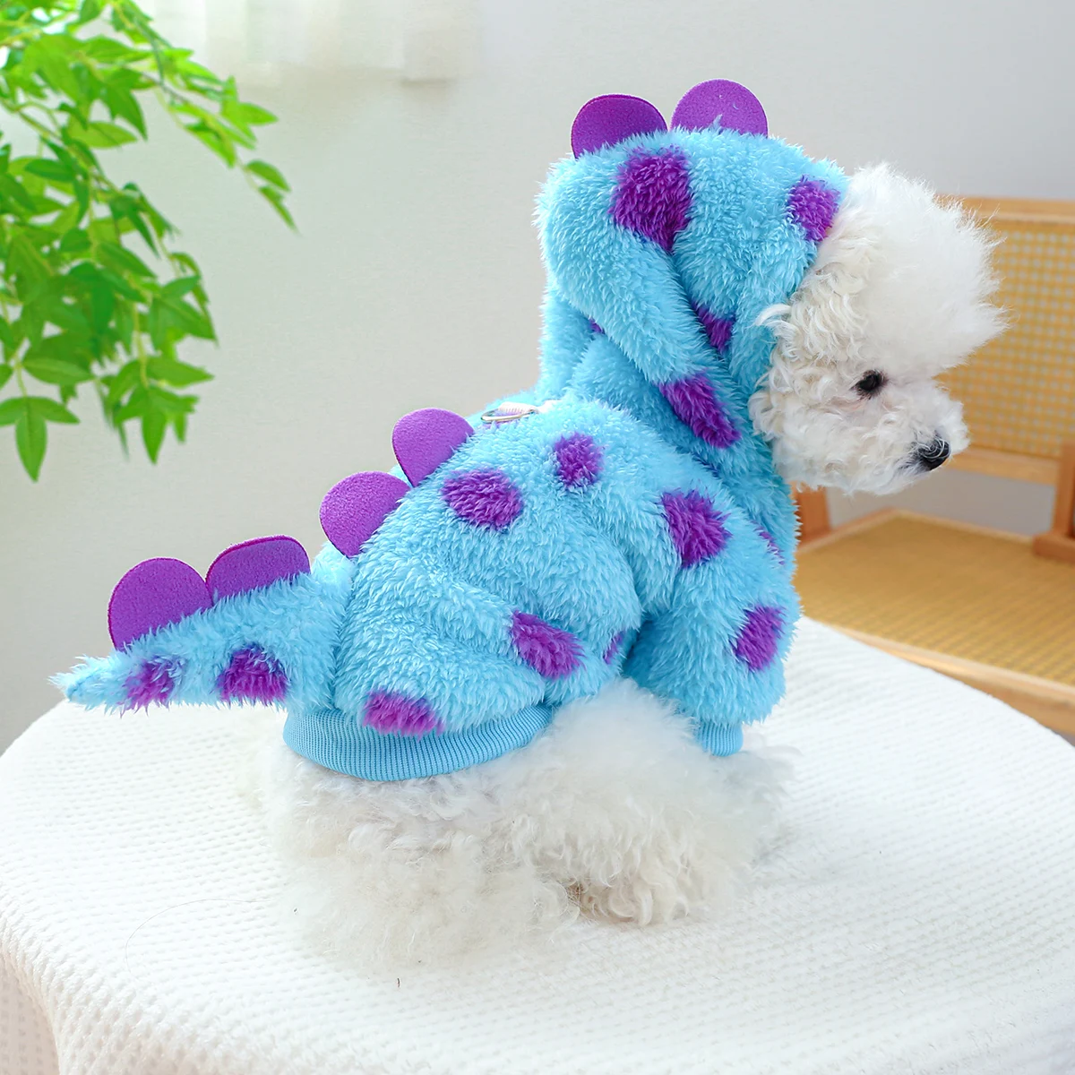 1pc Pet Clothing Dog Autumn And Winter Thickened Warm Blue Dinosaur Hooded Coat With Drawstring For Small Medium Dogs