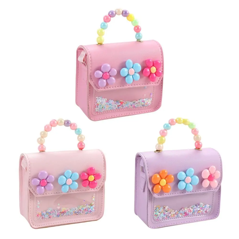 Flores bonitos bolsas das crianças saco do mensageiro doce meninas pérola brilhante crianças bolsa de ombro dos desenhos animados couro do plutônio crossbody sacos