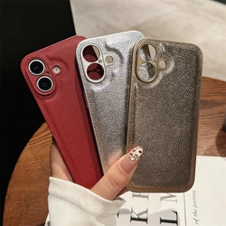 Luxury Silicone Litchi Leather Pattern Shockproof Case For iPhone 16 15 14 13 12 Mini 11 Pro Max 16 Plus Camera Protection Cover