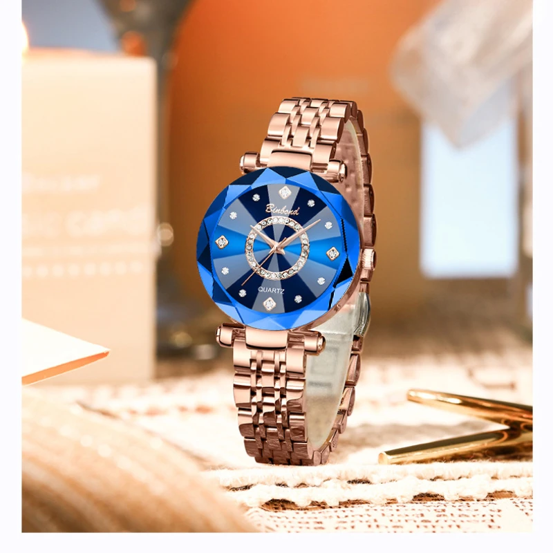 BINBOND 106 Ocean Heart Starry Sky Sparkling Multi Edged Glass Solid Precision Steel Strip Waterproof Women's Watch Reloj Mujer