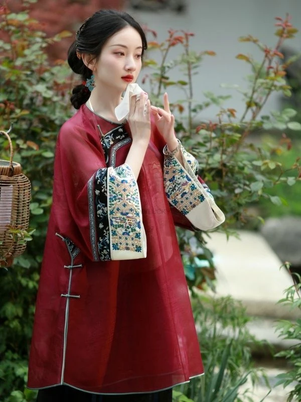 

New Spring And Summer Floral Sleeve Restoration Qing Han women's Robe Top Shirt Vestido Chino Mujer Red Big Sleeve Cheongsam