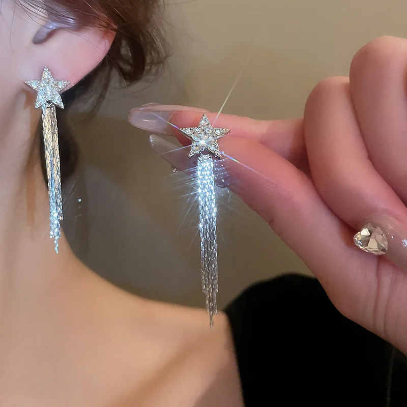 diamond-encrusted five-pointed stars, mango stars, silver needle earrings,personality niche, high-end temperament earrings,women