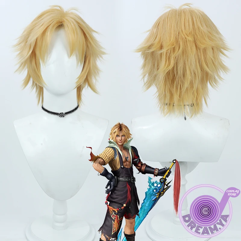 

Tidus Cosplay Wig FF7 Blonde Yellow Short Heat Resistant Synthetic Hair Halloween Party Carnival Role Play + Free Wig Cap