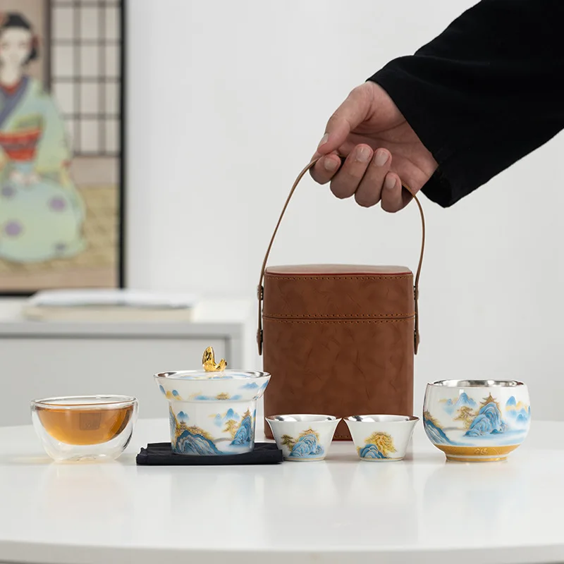 Travel Tea Set Storage Bag Outdoor Portable Gift Box Quick Tea Cup Ceramic Silver-Plated Tea Cup New Chinese Style Gift Set