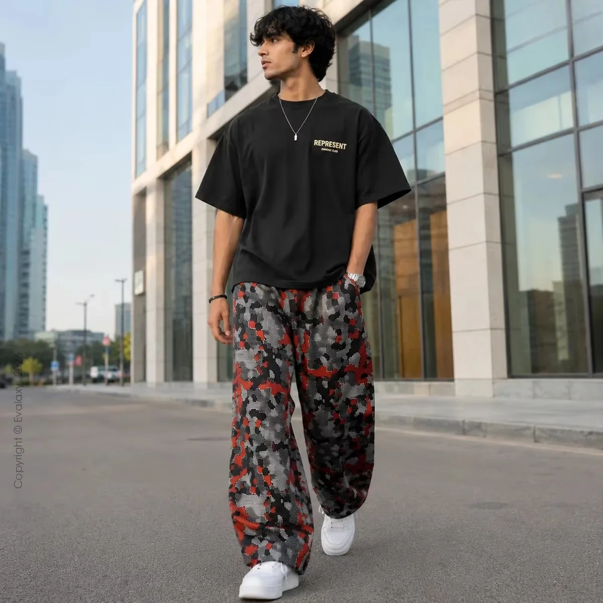 Red Grey Camo All Over Print Elastic Waist Casual Pants, Silky Drapey Light Touch for Adults and Kids Outdoor Trail Adventure