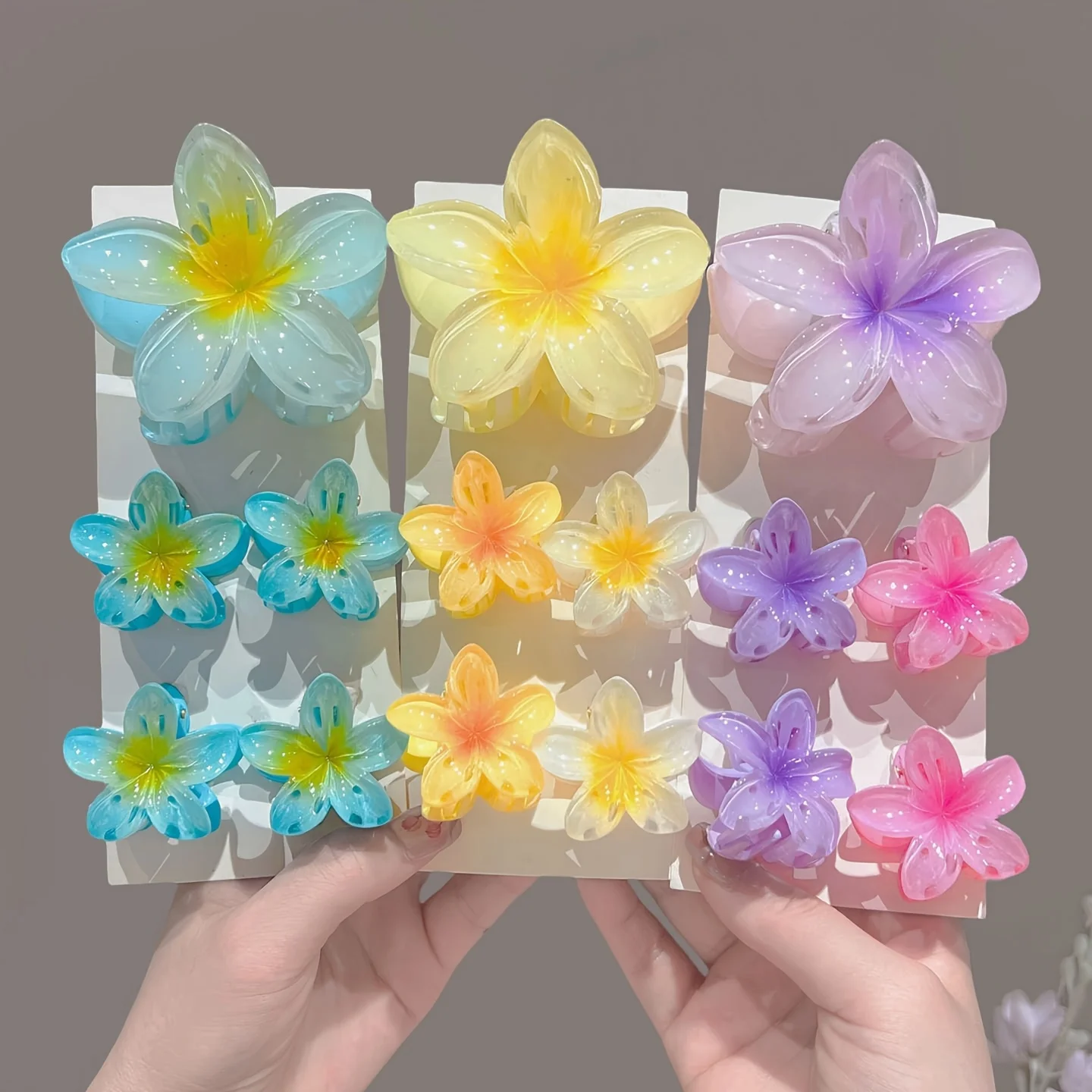 

15pcs Gradient Flower Hair Claw Large Small Size Shark Clip Hawaiian Floral Design Women Durable Hairpin Beach Party Accessories
