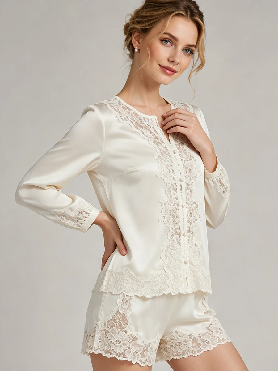 LIMO Women Cream Satin 2 Piece Pajama Set Floral Lace Trim Pearl Button Long Sleeve  Lace Shorts Elegant Luxury Soft  Outfit