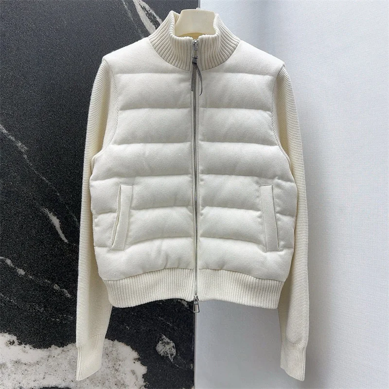 

Women's winter jacket 2025 New Elastic knit spliced down jacket wool blend Women's coat White duck down filling down coats y2k