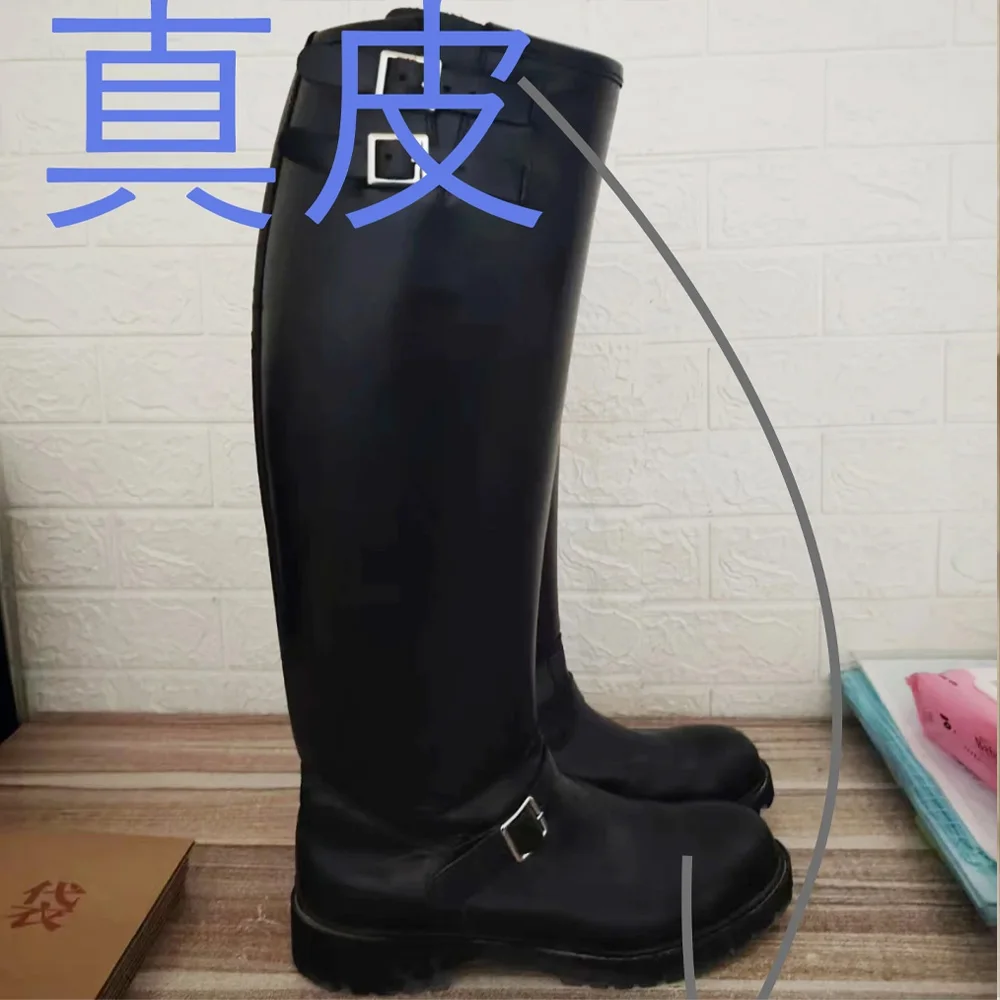 Fashion Men's Genuine Leather British Long Chelsae Boots Knee High Buckle Strap Riding Knight Boots Thick Heel Engineer Boots - view 6