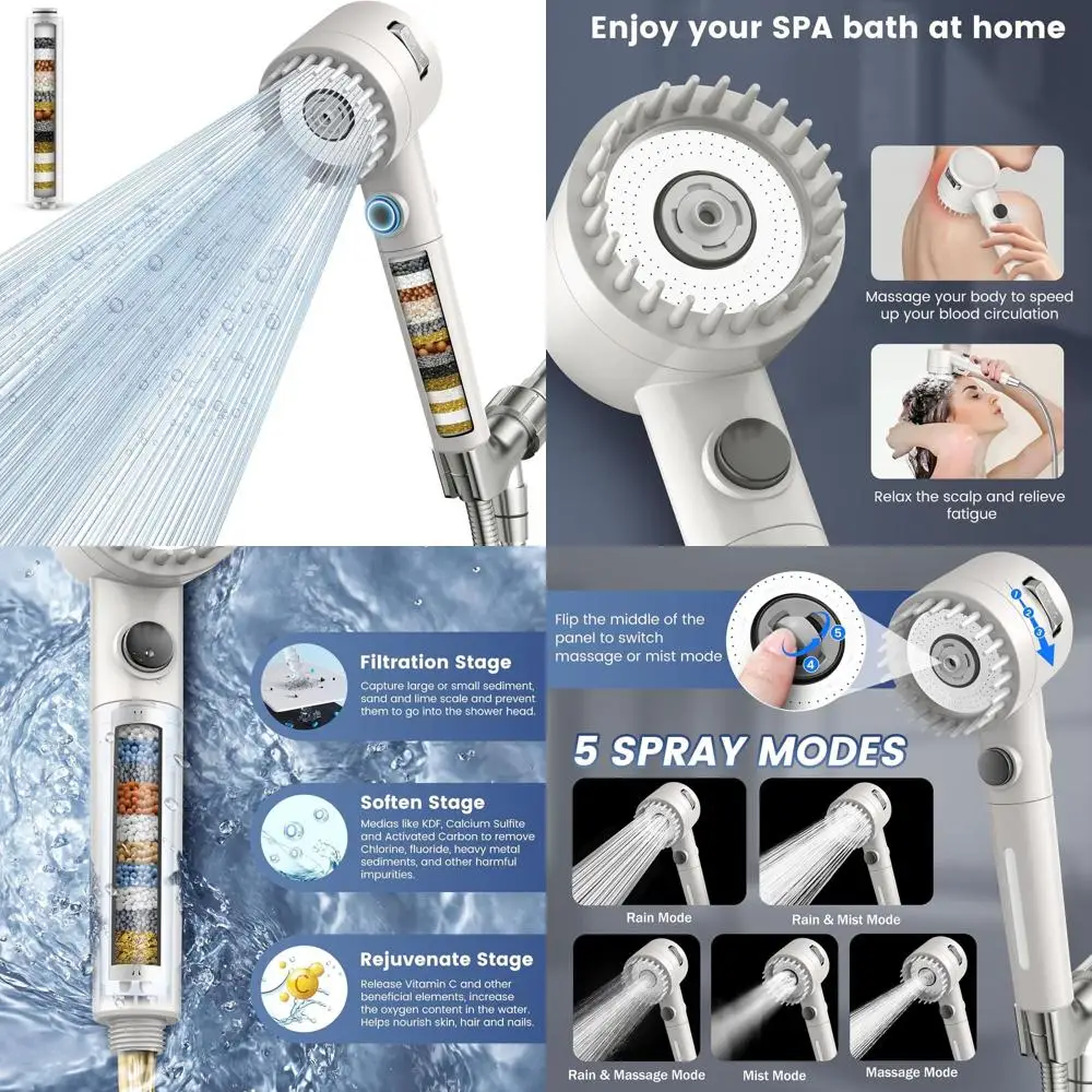5-funkcyjna słuchawka prysznicowa z filtrem do wody o niskiej zawartości wody, włącznikiem/wyłącznikiem i wężem ze stali nierdzewnej redukującym zawartość chloru.