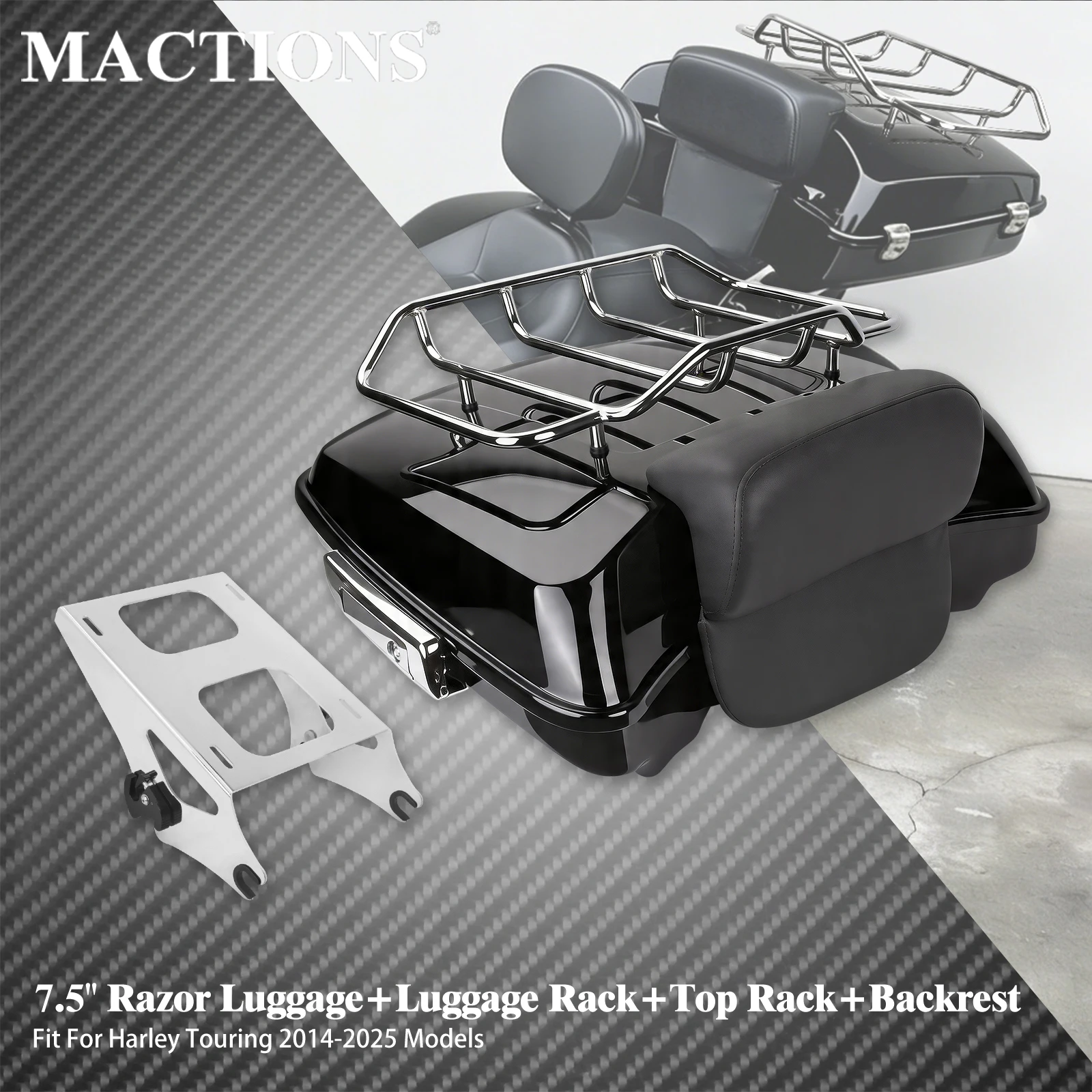 Motorcycle 7.5'' Razor Luggage Storage Box Trunk Mount Rack Backrest For Harley Touring Street Electra Road Glide 2014-2025