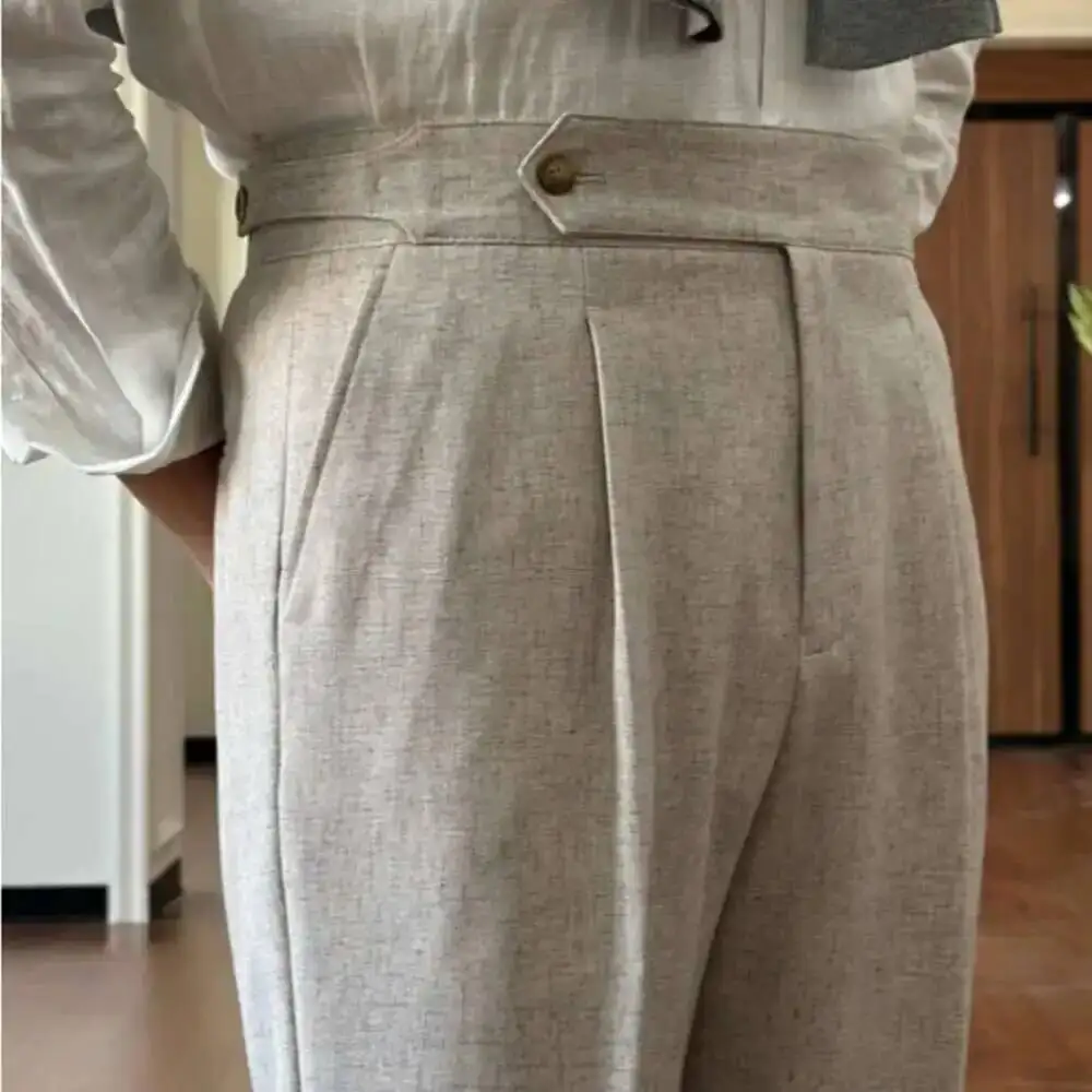 

Size 40 Italian Style High Waist Straigt Suit Pant Spring Summer Solid Color Versatile Linen Blend Pantalon Costume Homme