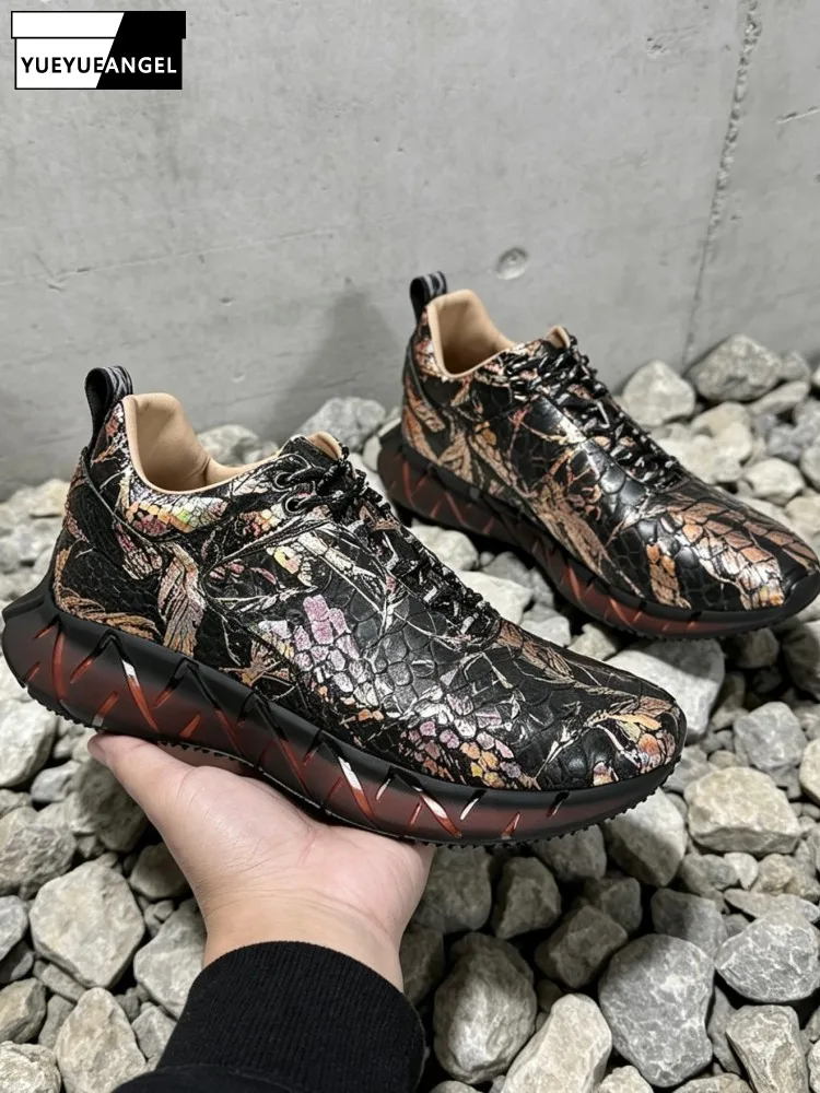 New Mens Colorful Real Snakeskin Sneakers Comfortable Thick Platform Outside Casual Joggers Shoes Lace Up Genuine Leather Shoes
