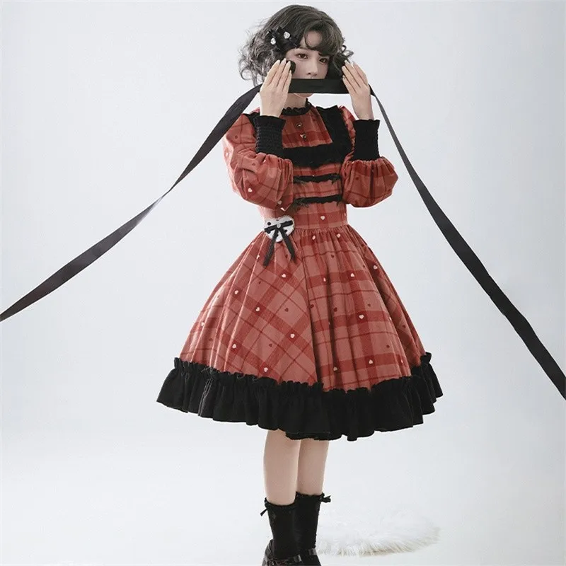 Vestido estampado a cuadros para mujer, manga larga, borde con volantes, color negro, rojo baya, Lolita OP, primavera y otoño