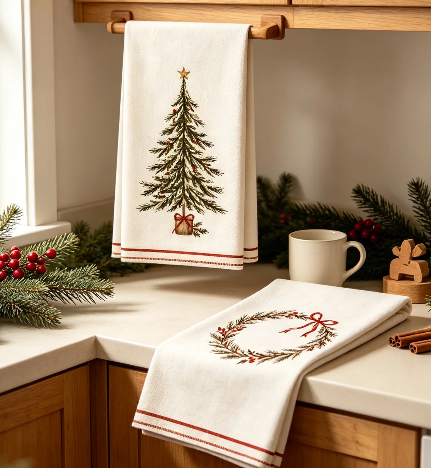 2-Piece Set of Kitchen Towels in Random Styles, Beige and Green, Tea Towels, Christmas Decorations, Christmas Tree, Wreath, Fun Pattern Designs, Kitchen Countertop Decoration, Cleaning Towels, Dishcloths, Soft and Durable, Family Gifts, Kitchen Decor, the First Choice for Decoration, Christmas Holiday Decorations